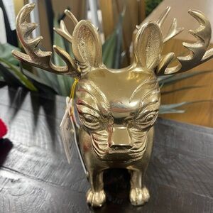 Christmas Frenchie French Bulldog Reindeer Gold Metal Wine Bottle Holder NWT